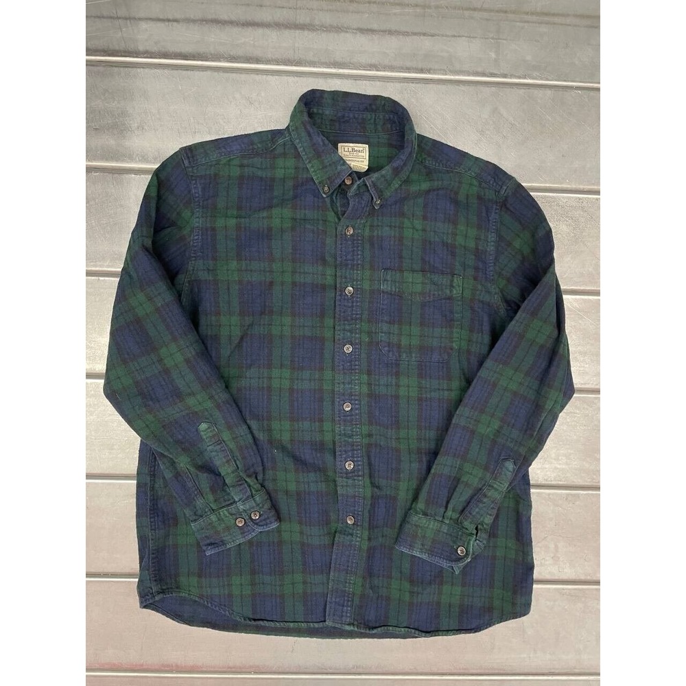 LL Bean Button Up‎ Shirt Mens Large Green Plaid Traditional Fit Casual